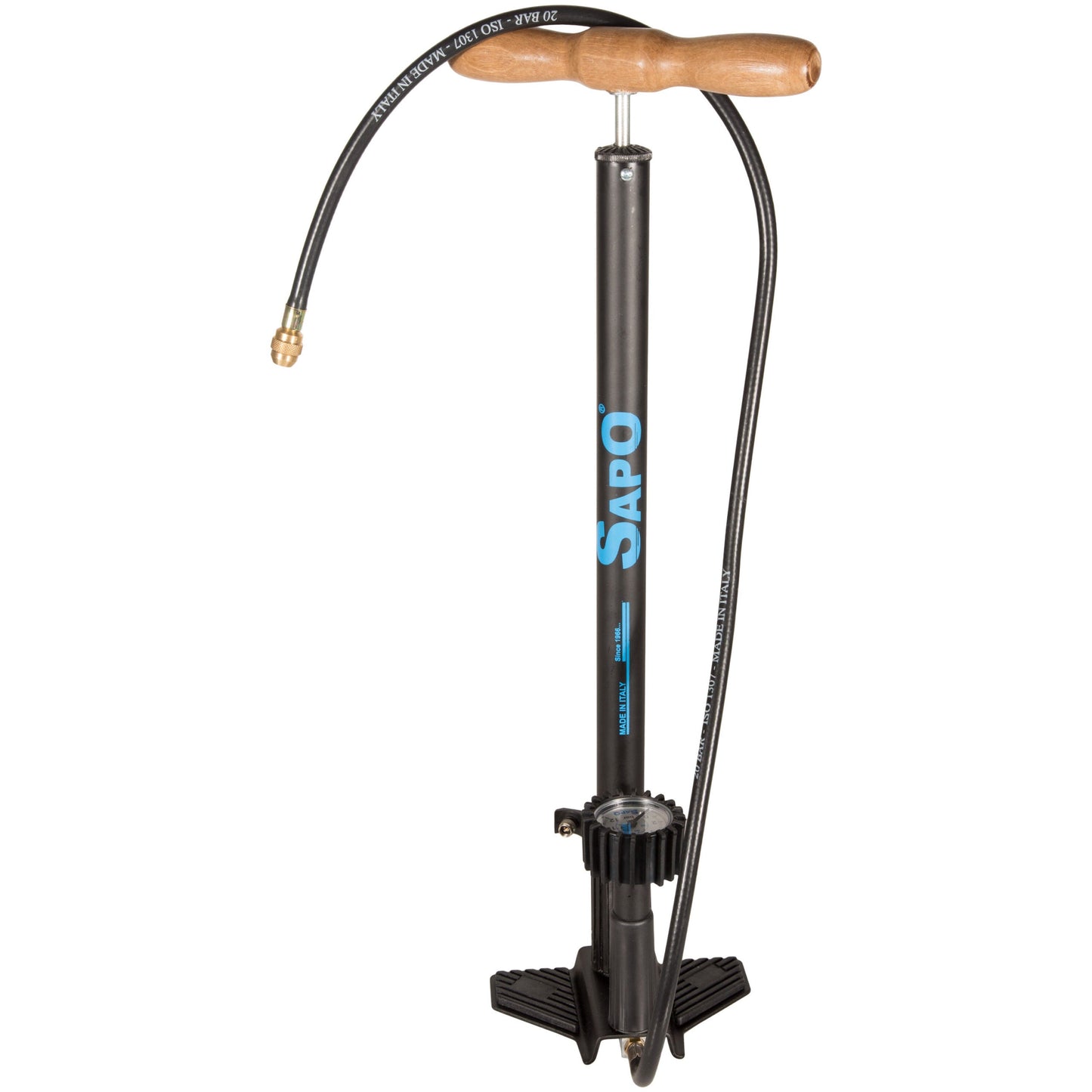Sapo Ok Plus Floor Pump W/Pressure Gauge, Tank And Chromed Rubber Protection W/Wooden Handle 12 Bar/180 Psi